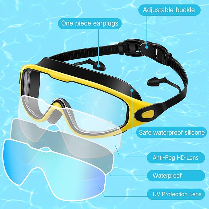 Kanayu 6 Pieces Swimming Goggles Wide View No Leaking Anti Fog Adult Swim Goggles with Earplugs Nose Clip for Adult Men Women
