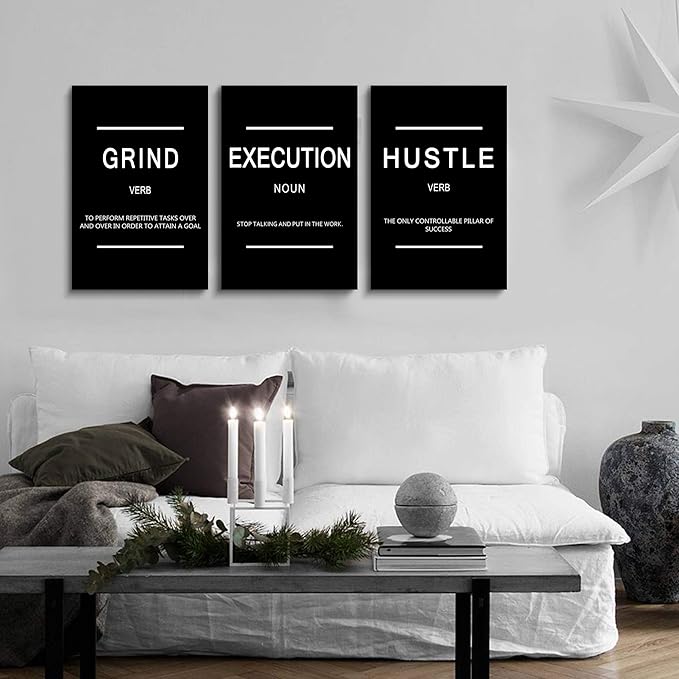 Framed Canvas Wall Art Success Quote, Office Wall Art, Black Large Poster, Positive Motivational Set of 3 Prints, Execute Failure Definition, Inspirational Print (B-3pcs,20x30inchx3pcs)