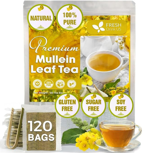 FreshDrinkUS, Premium 120 Mullein Leaf Tea Bags For Lung, 100% Natural & Pure from Mullein Leaves. Loose Leaf Mullein Herbal Tea. Made with Natural Material Tea Bags. No Sugar, No Caffeine, No Gluten, Vegan.