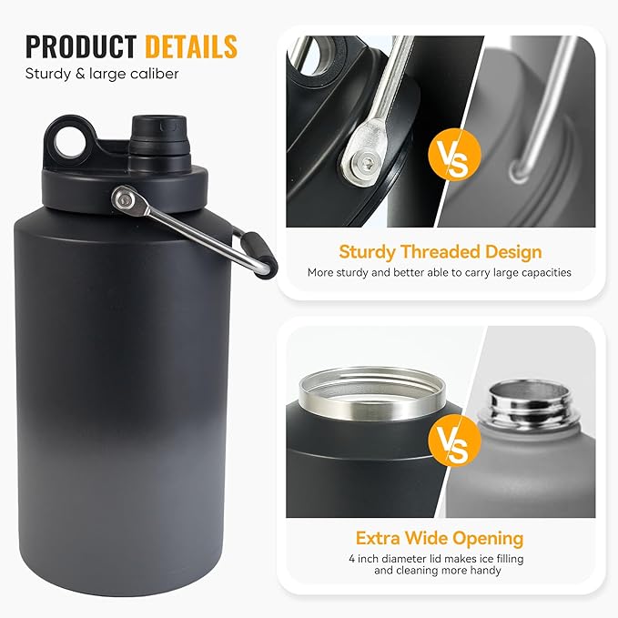 Kerilyn Insulated Gallon Jug with Handle, One Gallon, 128oz Stainless Steel, Large Double Vacuum Water Bottle for Hot & Cold Drinks, Wide Mouth, Sweat Proof, Great for Travel, Camping, Grey Gradient