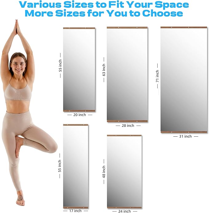 Hasipu 2Pcs 55''x17'' Home Gym Mirror Large Full Length Wall Mounted Full Body Mirror for Yoga Dance Fitness Exercise Studio Bedroom Garage, Frameless Tempered Glass Workout Mirrors Walnut Rectangular