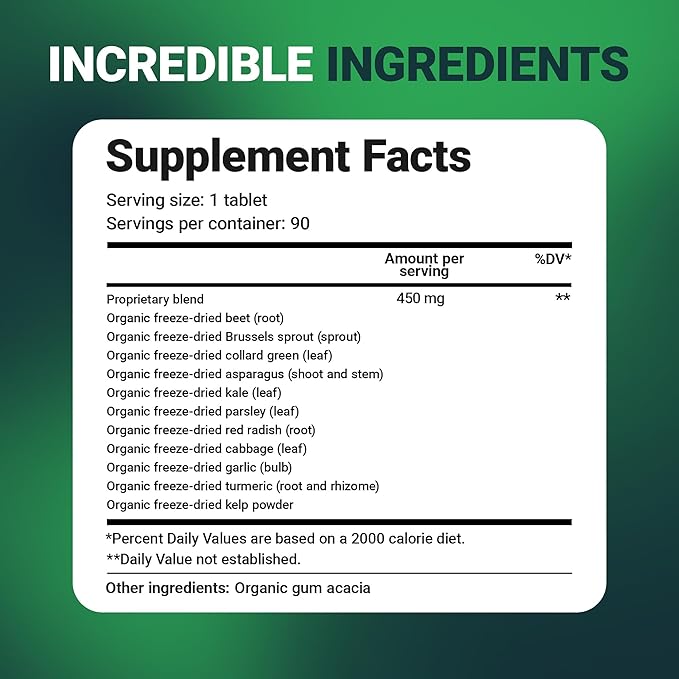 Dr. Berg's Greens Superfood Cruciferous Vegetable Tablets - Vegetable Supplements for Adults w/ 11 Phytonutrient Super Greens - Energy, Immune System & Liver Veggie Tablets - 90 Tablet