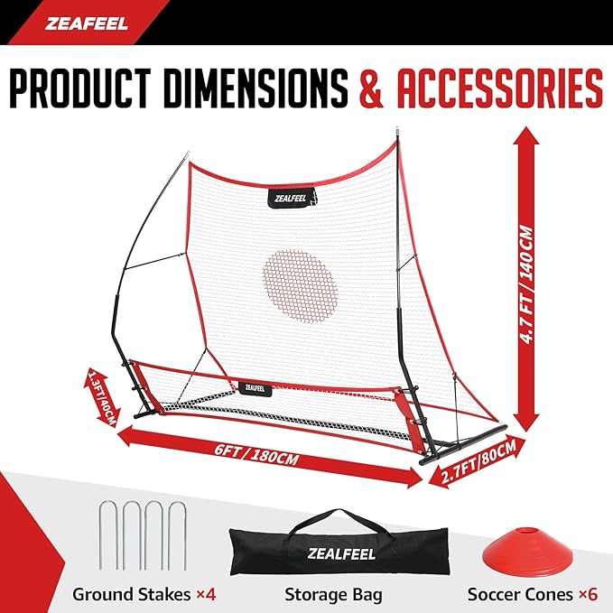 Soccer Rebounder, 2-in-1 Soccer Rebound Net, 6'x4.7' Large Net & 6'x16" Small Net, Soccer Bounce Back Net Practice for Team Volley Passing Solo Training, Football Trainer with Carry Bag Cones