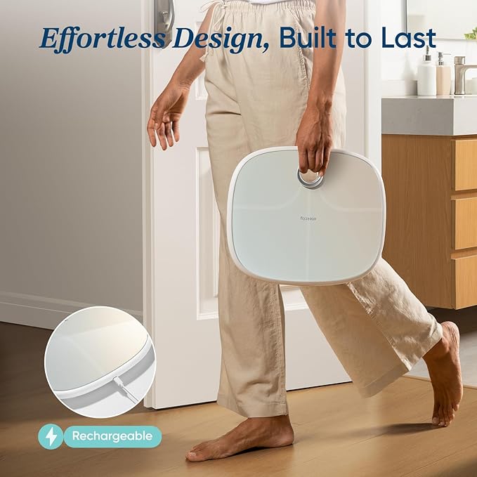 Etekcity Smart Rechargeable Scale for Body Weight, BMI, Fat, Muscle Mass, Digital Bathroom Scale with 13 Metrics, Secret Mode, Bluetooth Connect to Free Apps, Rainbow White