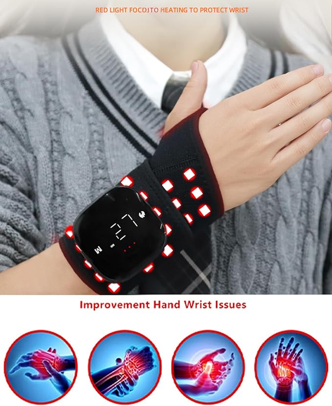 Red Light Therapy Wristband with Heat & Massage, Red Light Therapy Belt - 36 LED Lights, 5 Massage Levels & 3 Heat Settings, Rechargeable Portable Design(1Pce Black)