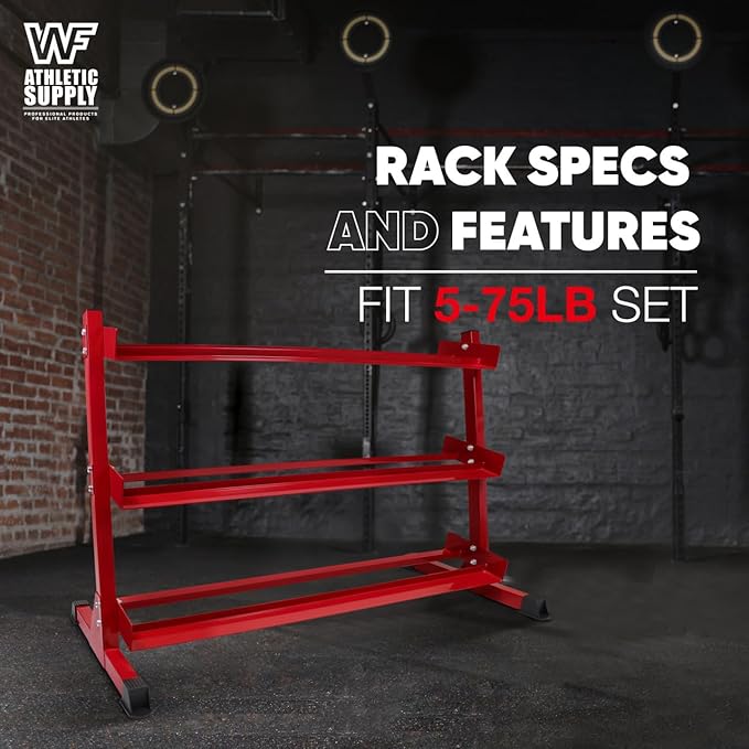 WF Athletic Supply Heavy-Duty Dumbbell Rack Stand, Weight Rack for Home Gym, Weight Holder, Available Sizes for Storage 5-50LB or 5-75LB Dumbbell Pairs, Black/Red/Green/Blue, RACK ONLY
