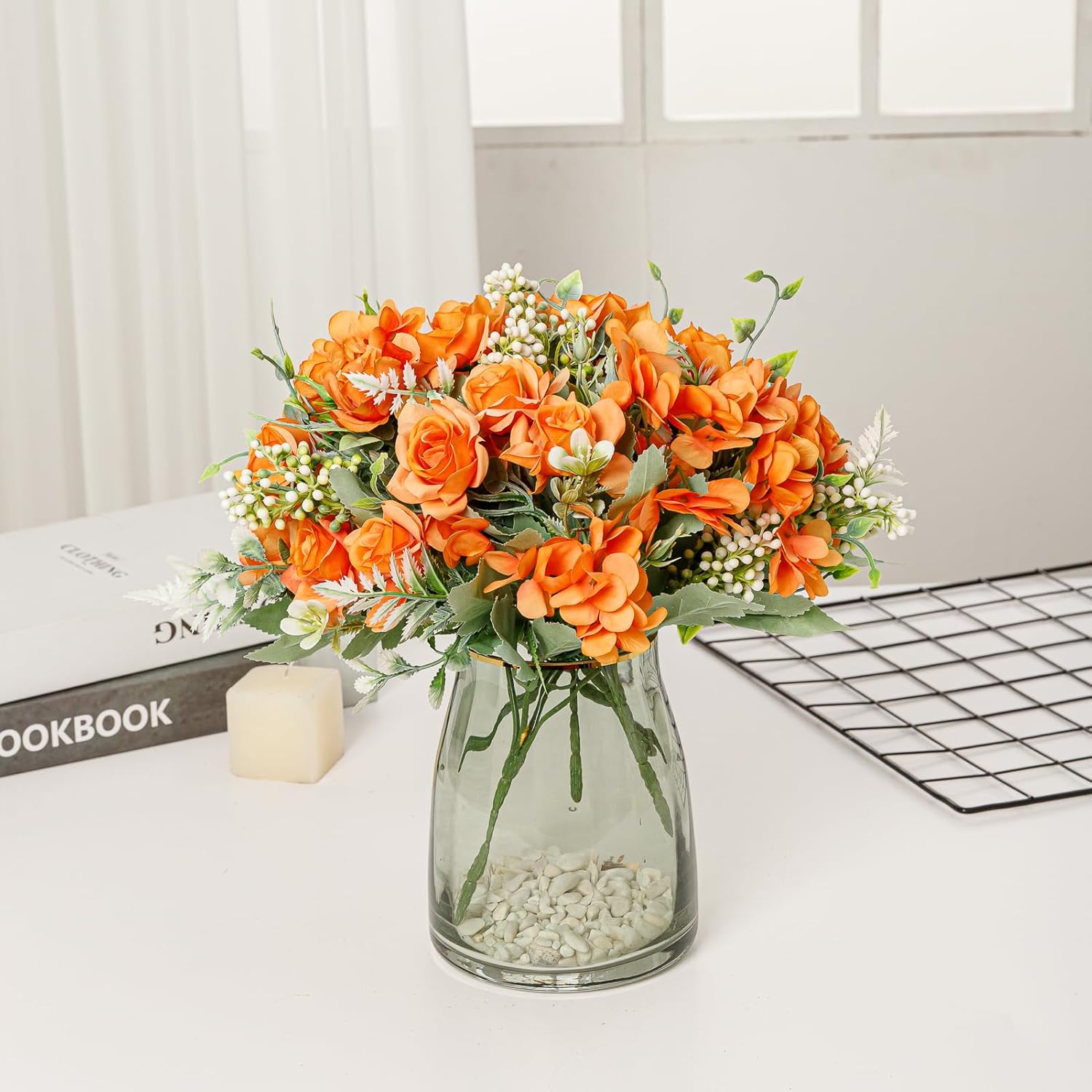 Artificial Flower 5 Branches Artificial Silk Fake Flowers Bouquet Small Roses for Wedding Home Office Tables Decor 4 Packs(Orange)