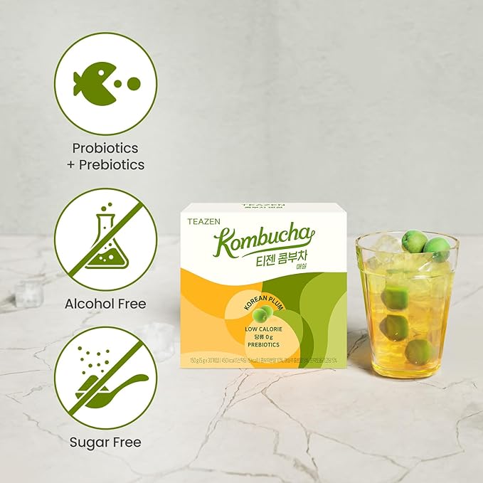 TEAZEN Japanese Apricot Kombucha Tea, Electrolyte & Hydration Drink Mix, Sugar Free, Live Probiotics & Prebiotics, 30 Sticks, 5.29oz