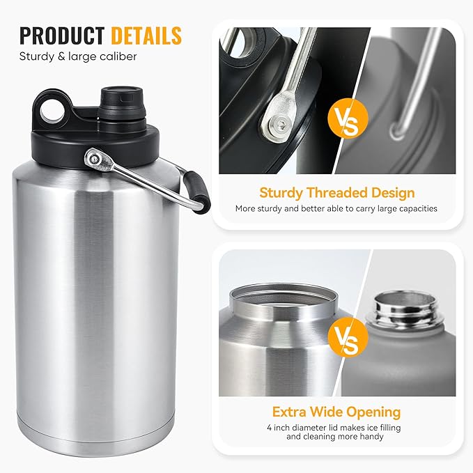 Kerilyn Insulated Gallon Jug with Handle, One Gallon, 128oz Stainless Steel, Large Double Vacuum Water Bottle for Hot & Cold Drinks, Wide Mouth, Sweat Proof, Great for Travel, Camping, Stainless