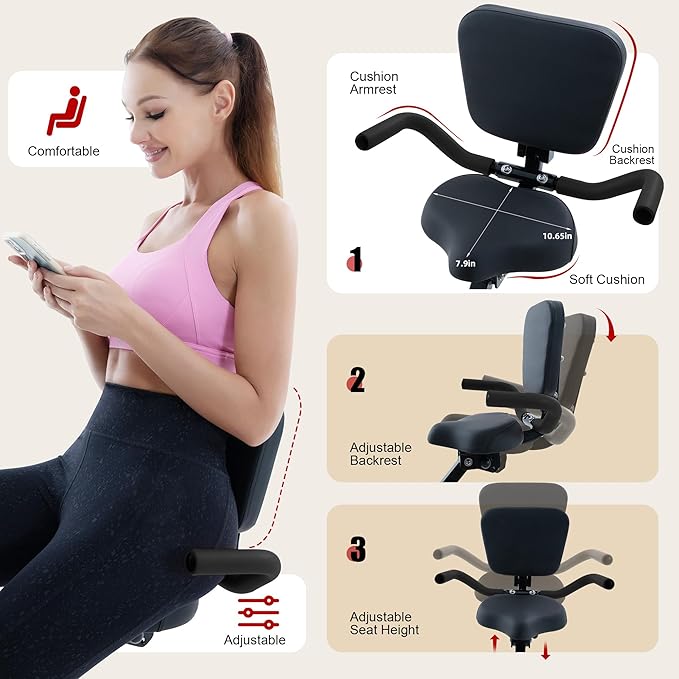 BARWING Stationary Exercise Bike for Home Workout, 5 IN 1 Foldable Indoor Cycling Bike for Seniors, 350LB Capacity, 16-Level Magnetic Resistance, Seat Backrest Adjustments