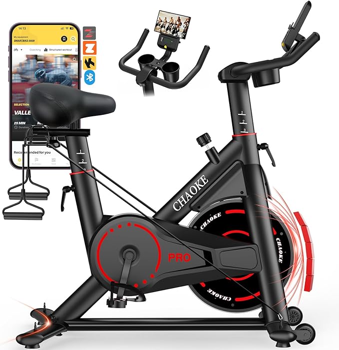 Exercise Bike, CHAOKE Quiet Magnetic Resistance 300LB Capacity Stationary Bike for Home with App Compatible, Indoor Bike with Comfortable Seat and Digital Display