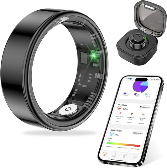 Thin Smart Ring for Fitness & Health Tracking -Pedometer,Sleep/Heart Rate/Blood Oxygen Monitor, Gesture Control / 5ATM Waterproof -No APP Subscription Compatible with Android& iOS (Black, 10)