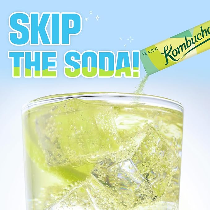 TEAZEN Green Mandarin Lime Kombucha Tea, Hydration Drink Mix, Sugar Free, Live Probiotics & Prebiotics, 10 Sticks, 1.76oz