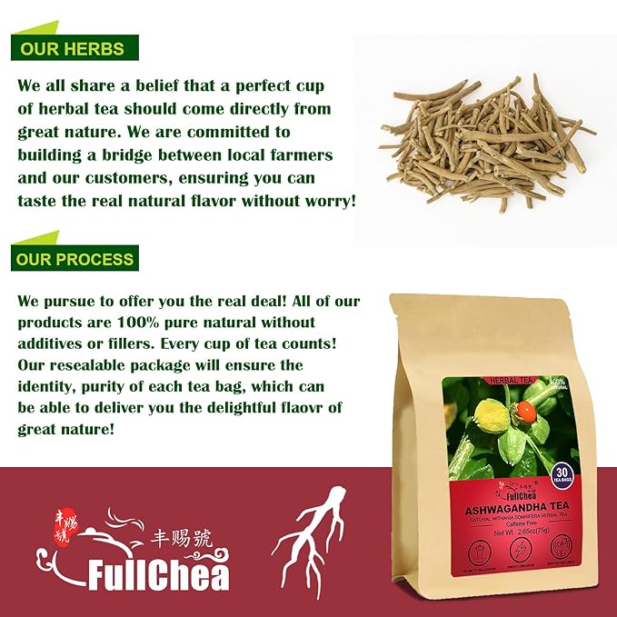 FullChea - Ashwagandha Tea, 2.5g X 30 Count - Sourced from India - Premium Natural Dried Cut & Sifted Root - Non-GMO - Caffeine-free - Rich in Antioxidants & Boost Energy