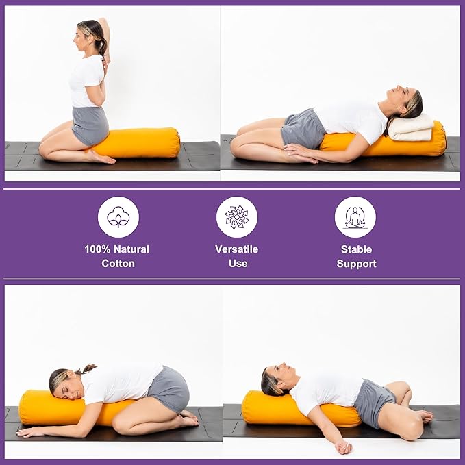 Yogikuti Iyengar Yoga Bolster for Restorative Yoga and Meditation – Lightweight Cotton Support Pillow with Handle for Easy Carry, Versatile for Pose Modification, Balance, Back Relief, and Relaxation
