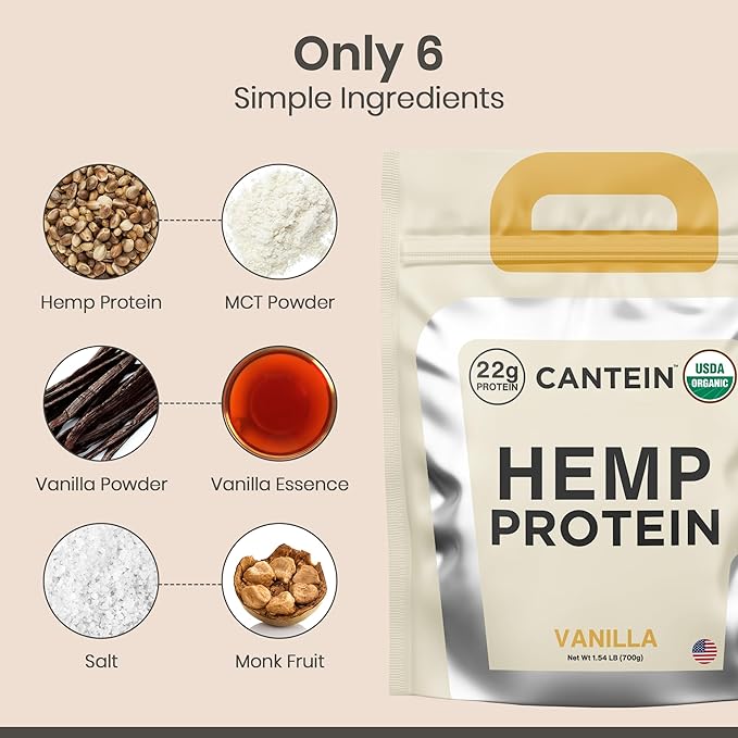 Organic Hemp Protein, Vegan Protein Powder, Clean Plant Based Protein Powder, Non Dairy Protein, Lactose Free Natural Protein, Gluten Free- 20 Servings, Vanilla
