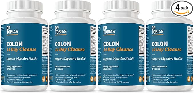 Dr. Tobias Colon 14 Day Cleanse, Advanced Gut Cleanse Detox for Women & Men with Cascara Sagrada, Psyllium Husk, Senna Leaf & Probiotics, Non-GMO Colon Cleanse, 4 Bottles of 28 Capsules (1-2 Daily)