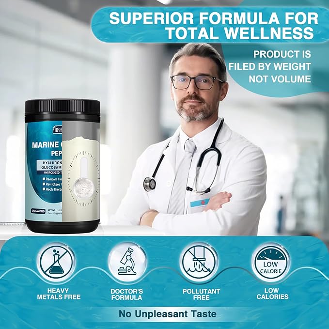 DRFOSTER Marine Collagen Peptides Powder with MSM + GC, Multi Type I & III Collagen with Hyaluronic Acid, Vitamin C & E for Skin, Hair & Nails, Wild-Caught Fish, 50 Servings