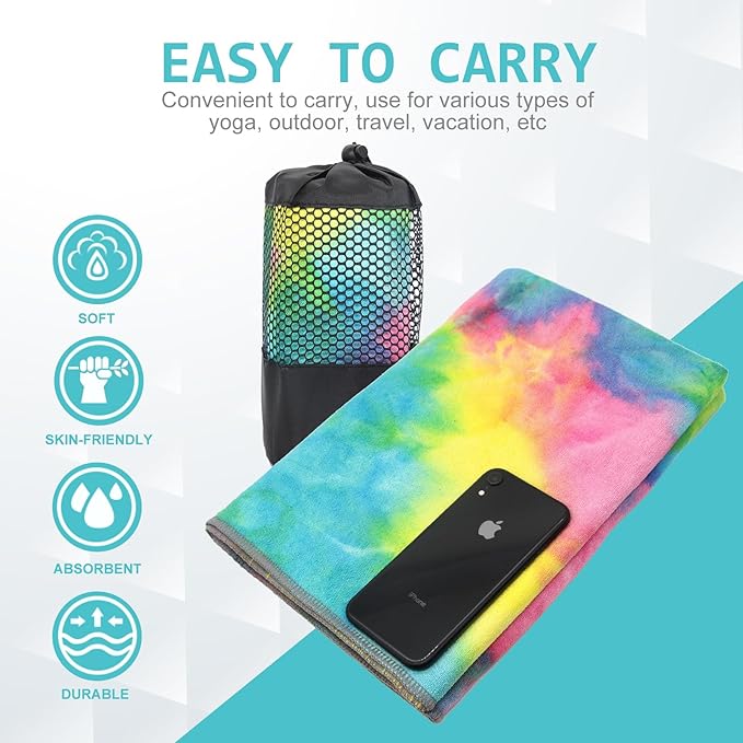 Eunzel Yoga Towel,Hot Yoga Mat Towel with Grip Dots Sweat Absorbent Non-Slip for Hot Yoga, Pilates and Workout 24" x72", Yellow & Blue & Pink