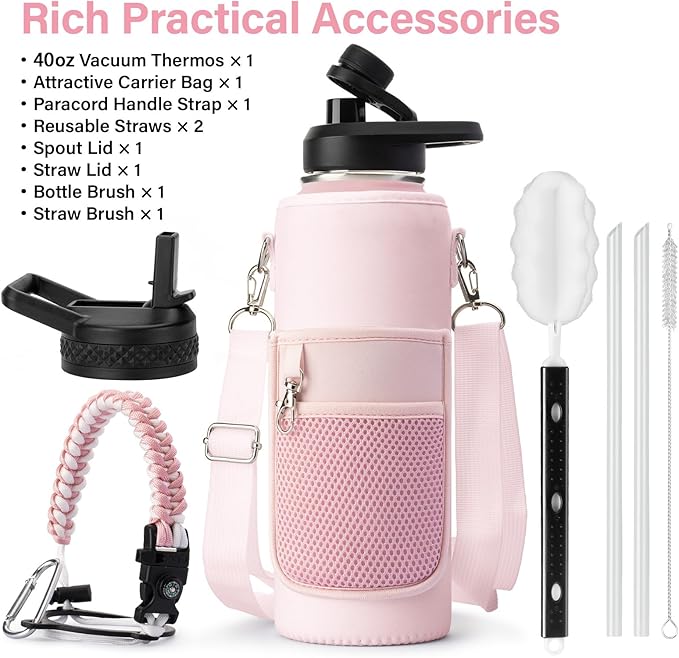 Insulated Water Bottle | Thickened Stainless Steel Vacuum Metal | Portable Sports Water Jug for Gym and Hiking with Straw, Carrier Bag, Handle Strap | BPA-Free 40 oz, Pink