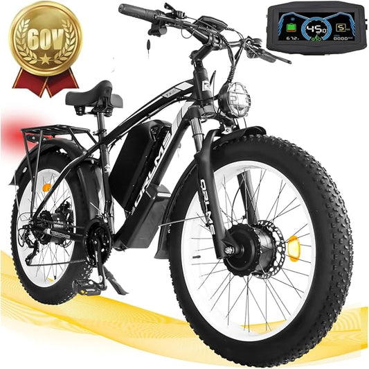 Electric Dirt Bike, 5000W Peak Dual Motor EBike for Adults, 60V 25AH Battery Electric Bike with 40-50MPH Mountain AWD 21-Speed Snow, 26" x 4.0 Fat Tire, Long Range Off-Road