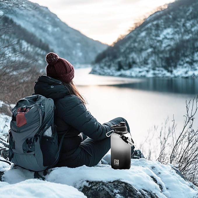Insulated Water Bottle | Thickened Stainless Steel Vacuum Metal | Portable Sports Half Gallon Large Water Jug for Gym and Hiking with Straw, Carrier Bag, Handle Strap | BPA-Free 64 oz