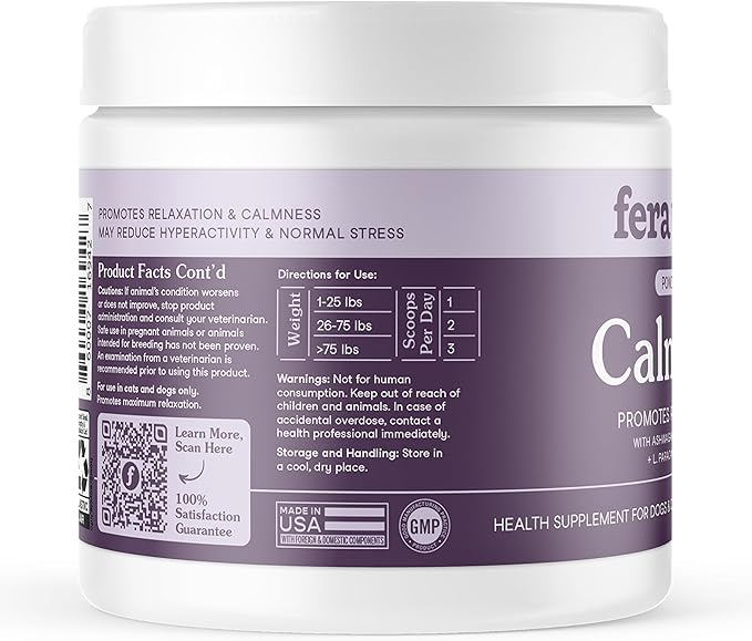 Fera Pet Organics Calming Supplement for Dogs & Cats - Vet Created - GABA & Ashwagandha Supplements Help Cat & Dog Stress or Hyperactivity -60 Scoops