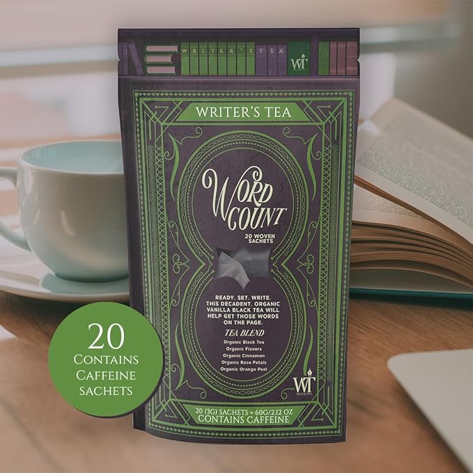 Writer's Tea Word Count - Energy Tea - Black Tea, Flavoring, Cinnamon, Rose Petals, and Orange Peel Tea Blend - Contains Caffeine - 20 Woven Sachets