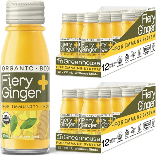 Greenhouse Juice Organic Fiery Ginger Wellness Shots 24-Count 60ml Glass Bottles | Vegan & Gluten-Free