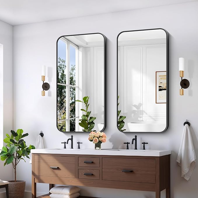 FORBATH Bathroom Mirror 48" x 24", Rectangle Black Narrow Bathroom Mirror with Black Aluminum Frame Rounded Corner, Wall Mounted Mirror for Bedroom Entryway Living Room