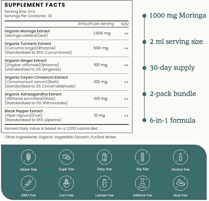 (2 Pack) Organic Moringa Leaf Extract Liquid Drops Supplement 1000mg with Turmeric and Black Pepper for Energy, Antioxidant and Skin, Green Superfood Supplement for Women Men, Vegan, 1 Fl Oz