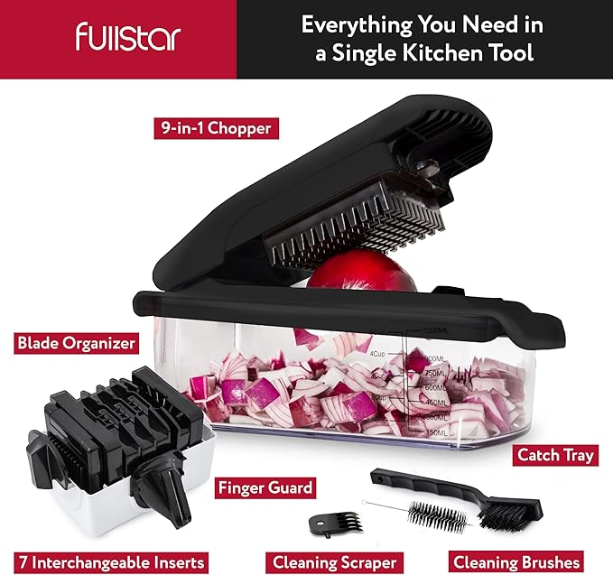 Fullstar Vegetable Chopper and Spiralizer - Food Chopper with Container, Fruit Slicer, Kitchen Gadgets & Accessories, Home Essentials (9 in 1, Black)