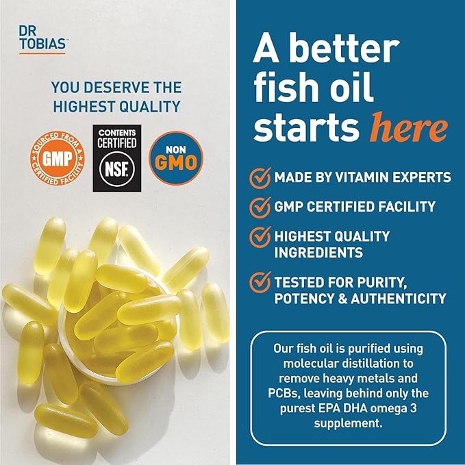 Dr. Tobias Omega 3 Fish Oil, 2000mg Triple Strength with 800mg EPA 600mg DHA Per Serving, Fish Oil Omega 3 Supplements for Heart, Brain & Immune Support, 90 Softgels, 45 Servings