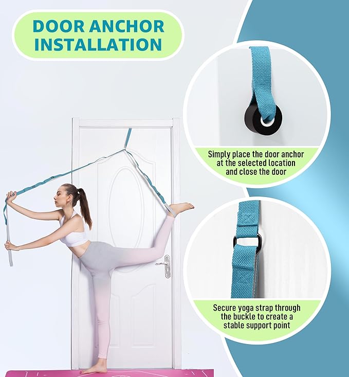 HiRui Stretching Strap Yoga Strap with Door Anchor, 14-Loops Non-Elastic Stretch Straps for Physical Therapy, Pilates, Dance, Gymnastics | Stretch Band with Workout Guide for Women & Men