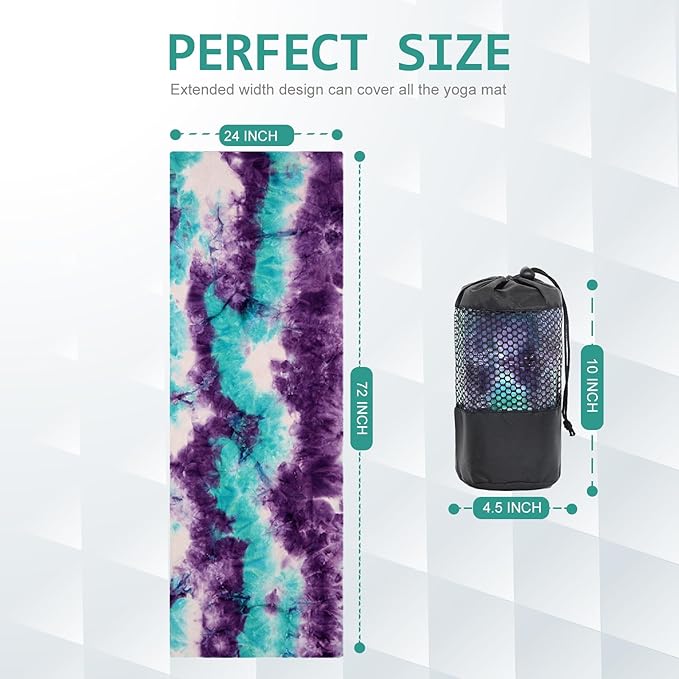 Eunzel Yoga Towel,Hot Yoga Mat Towel with Grip Dots Sweat Absorbent Non-Slip for Hot Yoga, Pilates and Workout 24" x72", Green & Purple