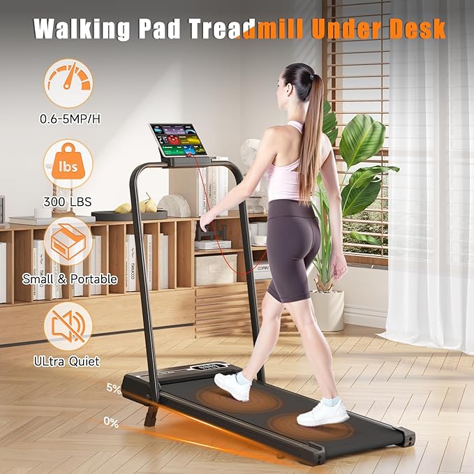 Incline Walking Pad with Handle Bar, Folding Treadmill Foldable Portable Under Desk for Home Office, Ultra Quiet <45dB, Safety Lock, 300+ LB Capacity