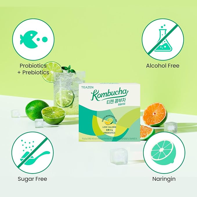 TEAZEN Green Mandarin Lime Kombucha Tea, Hydration Drink Mix, Sugar Free, Live Probiotics & Prebiotics, 30 Sticks, 5.29oz