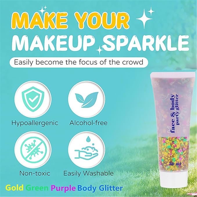 Go Ho Face Body Glitter Gel,Mardi Gras Outfit for Women and Kids,Sparkly Holographic Party Festival Rave Mardi Gras Accessories for Carnival,Gold Green Purple Chunky Glitter Makeup,52g