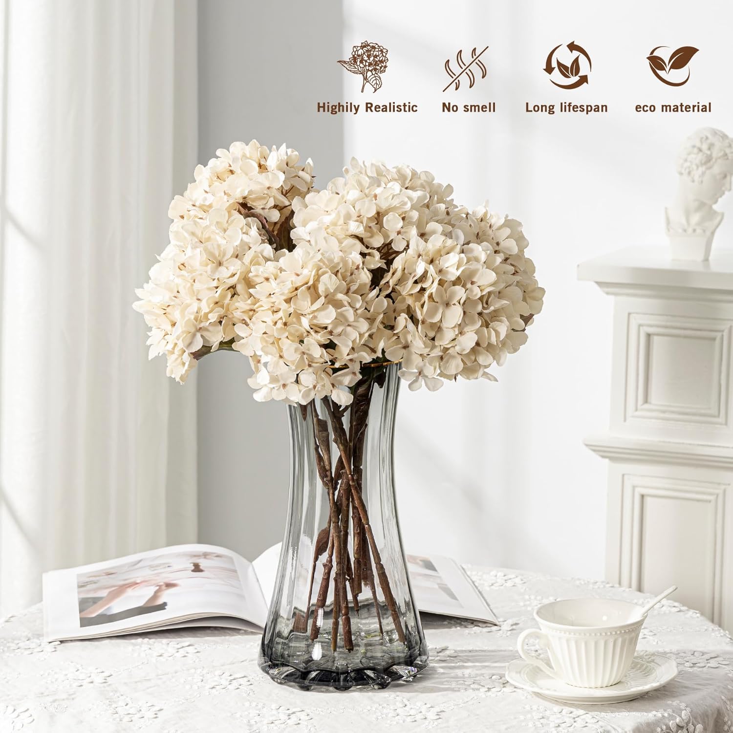 Artificial Flower Fake Silk Hydrangea Heads Bouquet with Stems Bulk for Fall Decoration Table Center Christmas Indoor Outdoor Faux Floral Realistic with Leaves Plants Crafts 8PCS(White)