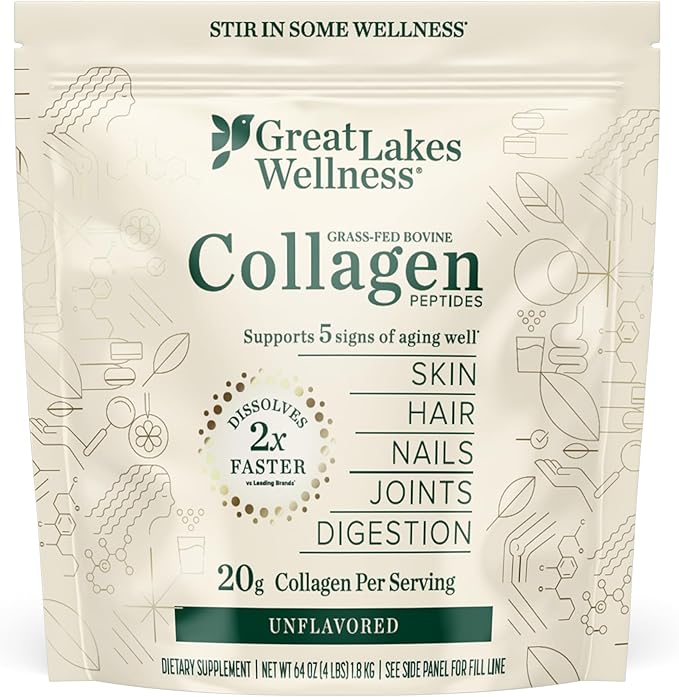 Great Lakes Wellness Collagen Peptides Powder for Skin, Hair, Nails, Joints & Digestion - Unflavored - Quick Dissolve Hydrolyzed, Non-GMO, Keto, Kosher - 4 lb. Value Pouch