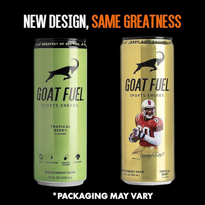 G.O.A.T. Fuel Energy Drink, Co-Founded by Jerry Rice, Natural Caffeine, Electrolytes, BCAAs, Cordyceps Mushrooms & Antioxidants, Light Carbonation Pre Workout, 12 Pack, 12 FL Oz, Tropical Berry