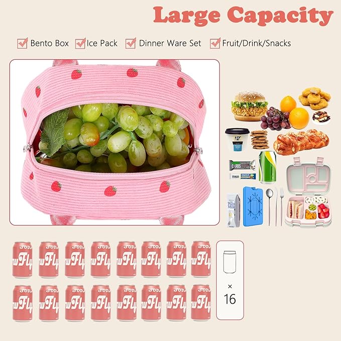 FlowFly Insulated Lunch Bag for Women – Corduroy Lunch Tote Box, Cute Cooler Bag for Work, Travel, Picnic,Corduroy Strawberries RoseRed