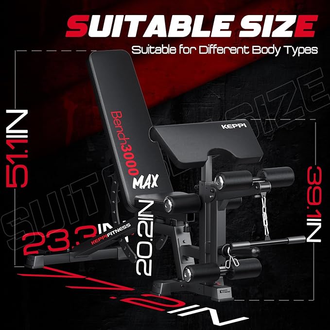 KeppiFitness Adjustable Weight Bench, Bench3000 MAX Heavy Duty Workout Bench Press with Leg Extension and Preacher Pad for Home Gym Fitness, Flat Incline Decline Sit Up Bench