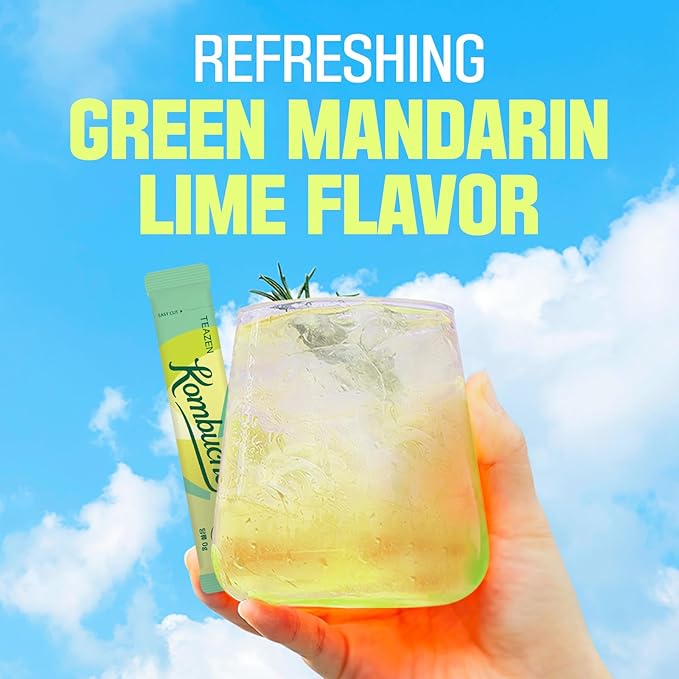 TEAZEN Green Mandarin Lime Kombucha Tea, Hydration Drink Mix, Sugar Free, Live Probiotics & Prebiotics, 10 Sticks, 1.76oz