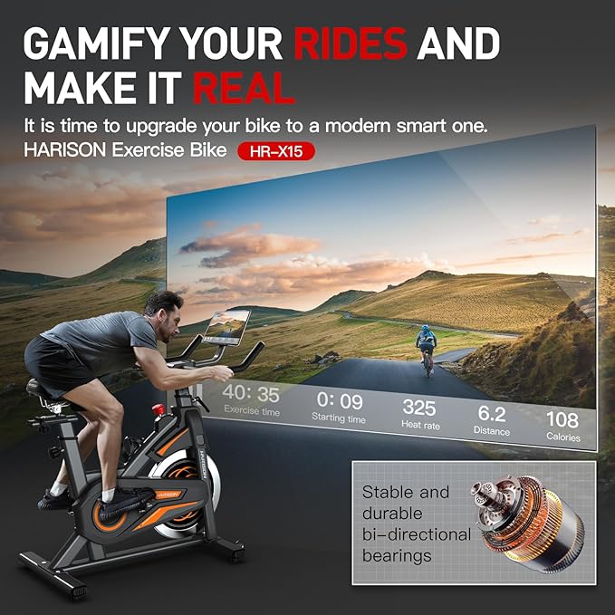 HARISON Exercise Bike, Stationary Bike for Home 350 lb Weight Capacity, Magnetic Workout Bike with Bluetooth App, Brake Pad Indoor Cycling Bike with Tablet Mount & Comfortable Seat Cushion