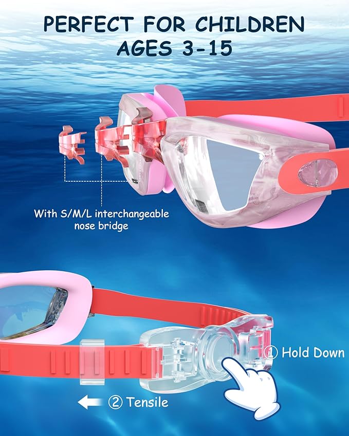 Kids Swim Goggles, Swimming Goggles for Kids Toddlers 3-14 with Swim Cap, Nose Clip, Nose Bridge, Ear Plugs