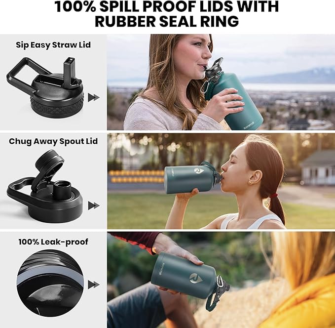 One Gallon Water Bottle Insulated, Triple Walled Vacuum Stainless Steel (Cold for 48 Hrs), Leak Proof & Non-BPA, Large Water Flask Jug with Paracord Handle & Straw Spout Lids