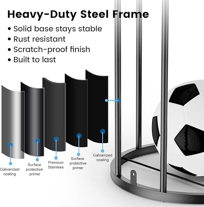 Garage Ball Storage Rack – Freestanding & Wall Mounted Sports Organizer with Elastic Cords Holds 7 Balls – Space Saving Basketball Soccer Football Holder for Home Kids Room