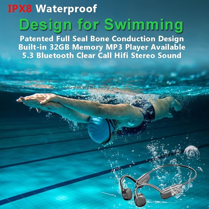 IHAO Swimming Headphones True Bone Conduction Open Ear Headset MP3 Player Built-in 32G Memory IP68 Underwater Waterproof Stereo Bluetooth Earphone for Driving Bicycling Running Skiing-Black