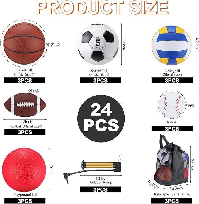 Leyndo 18 Pcs Sport Balls Bulk Set Basketball Football Volleyball Soccer Playground Baseball with Sport Equipment Bag Pump for Youth Adults Outdoor Indoor Practice Gift Back to School